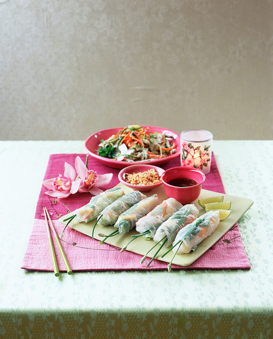 Vietnamese spring rolls and kachumber salad with coconut