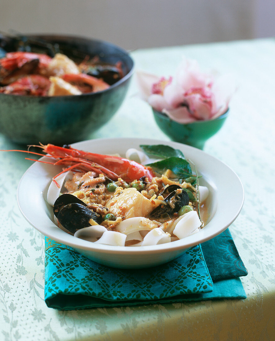 Laksa (seafood soup with rice noodles)