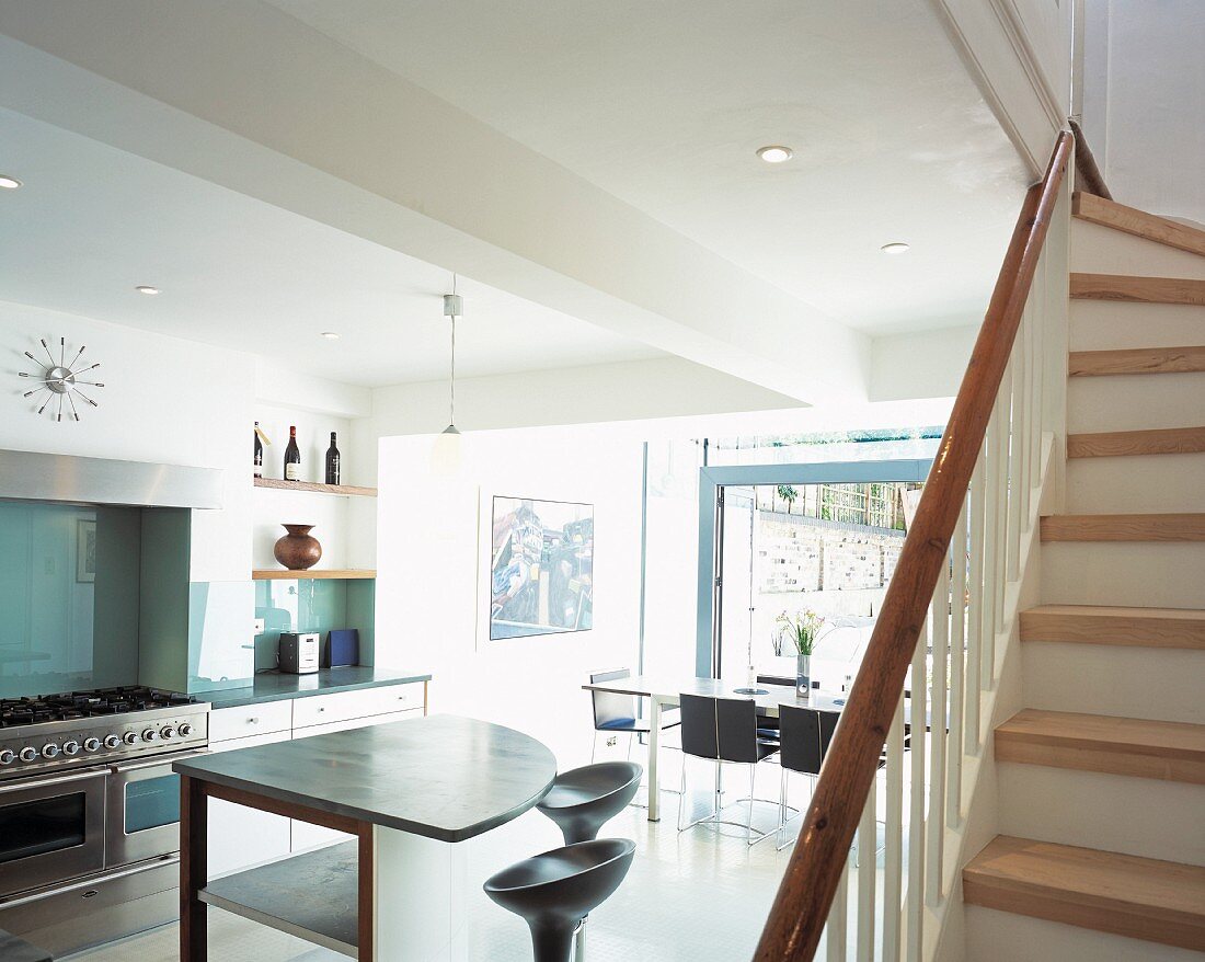 View of open-plan kitchen from staircase