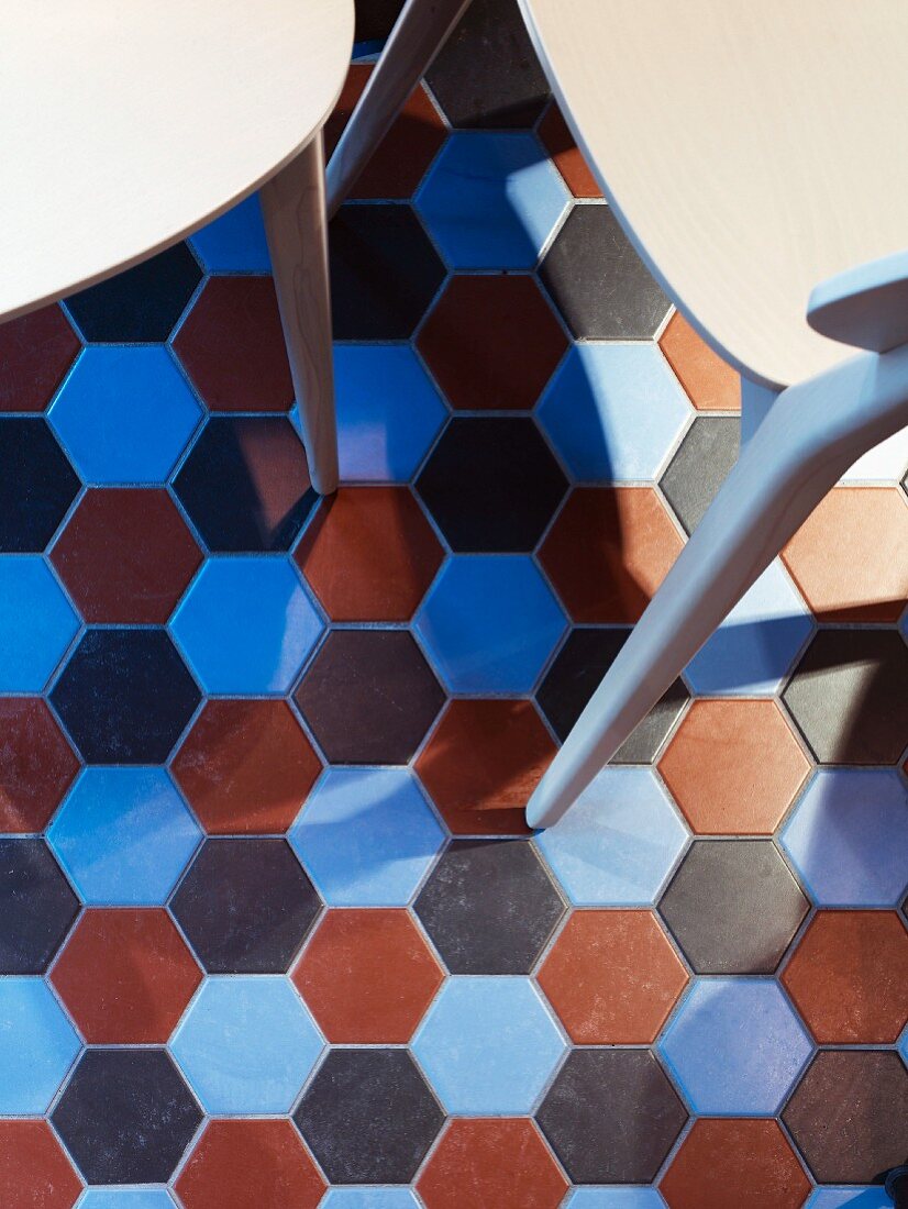 View of multi-coloured, honeycomb-pattern tiles