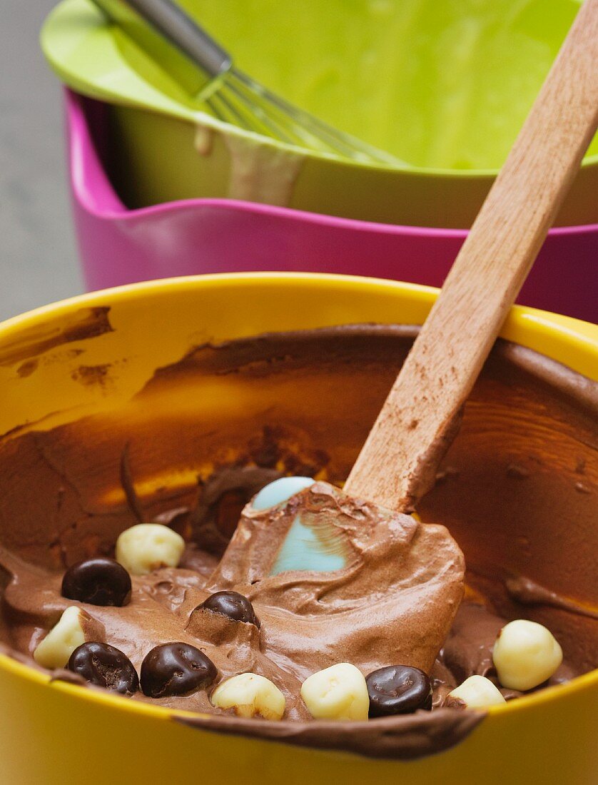Chocolate dough with dark and white chocolate beans