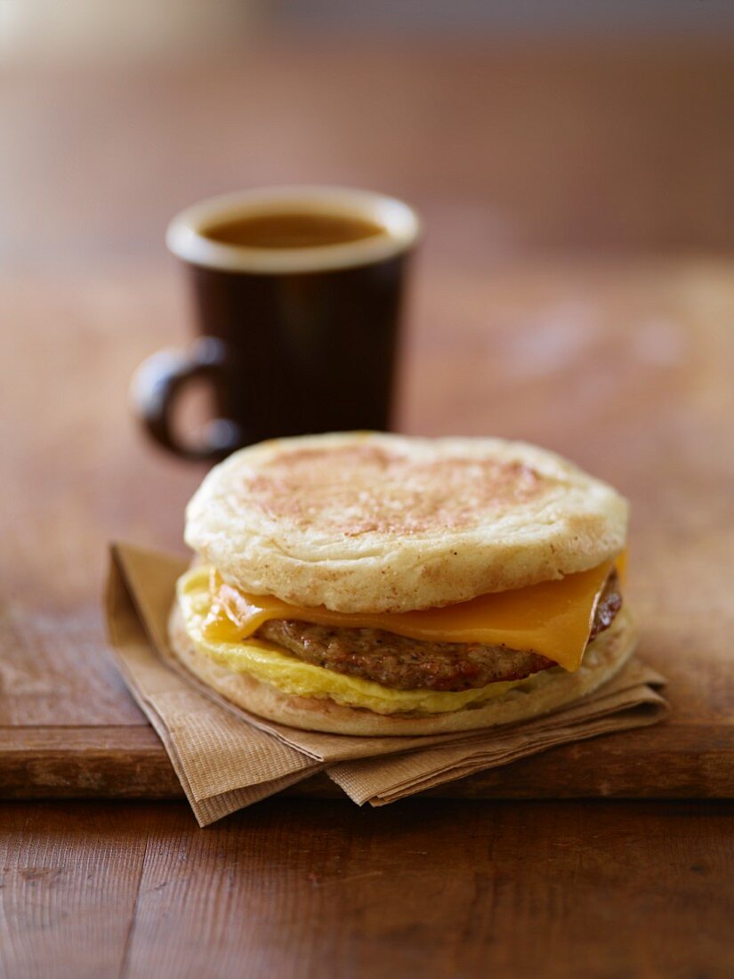 Sausage, Egg and Cheese Breakfast Sandwich on English Muffin; Cup of Coffee