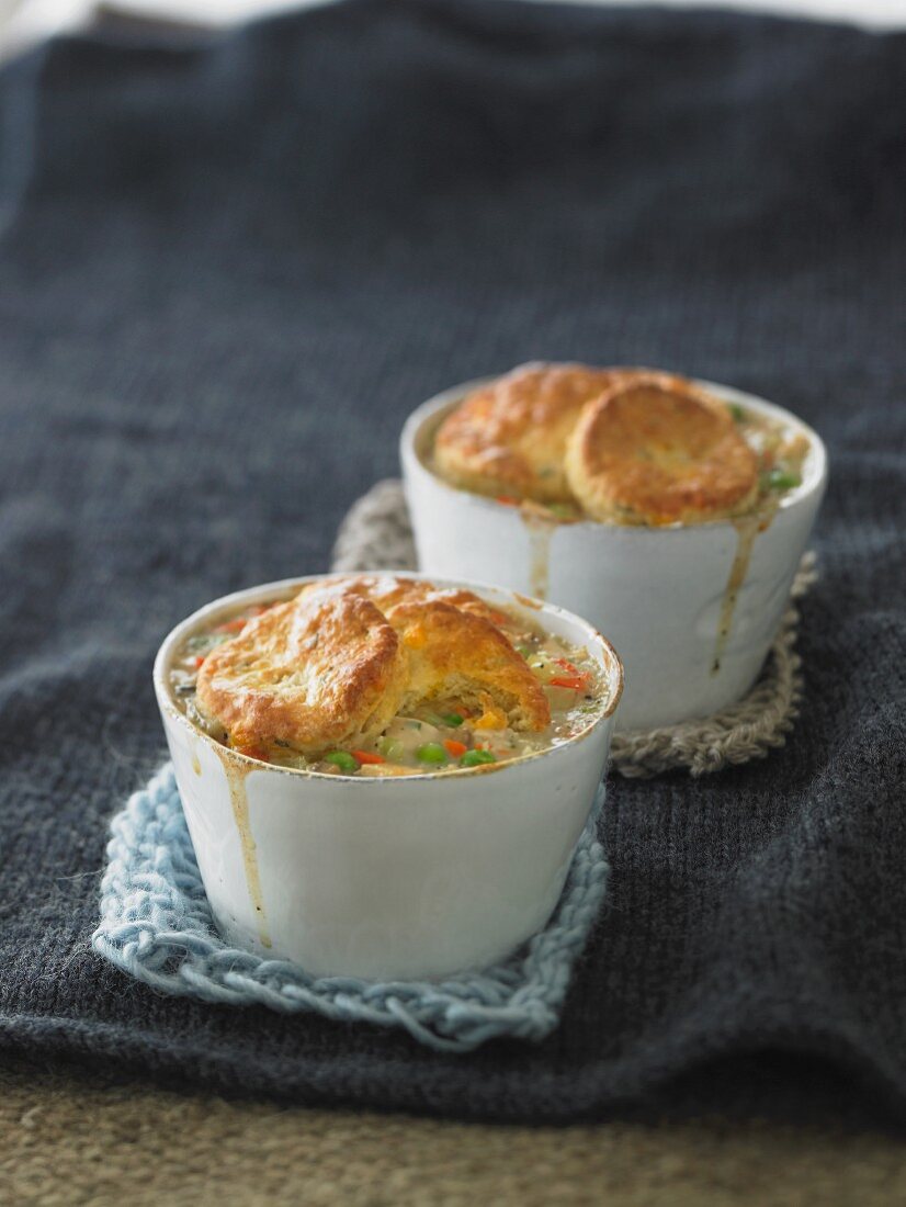 Two Individual Chicken Pot Pies with Biscuit Topping