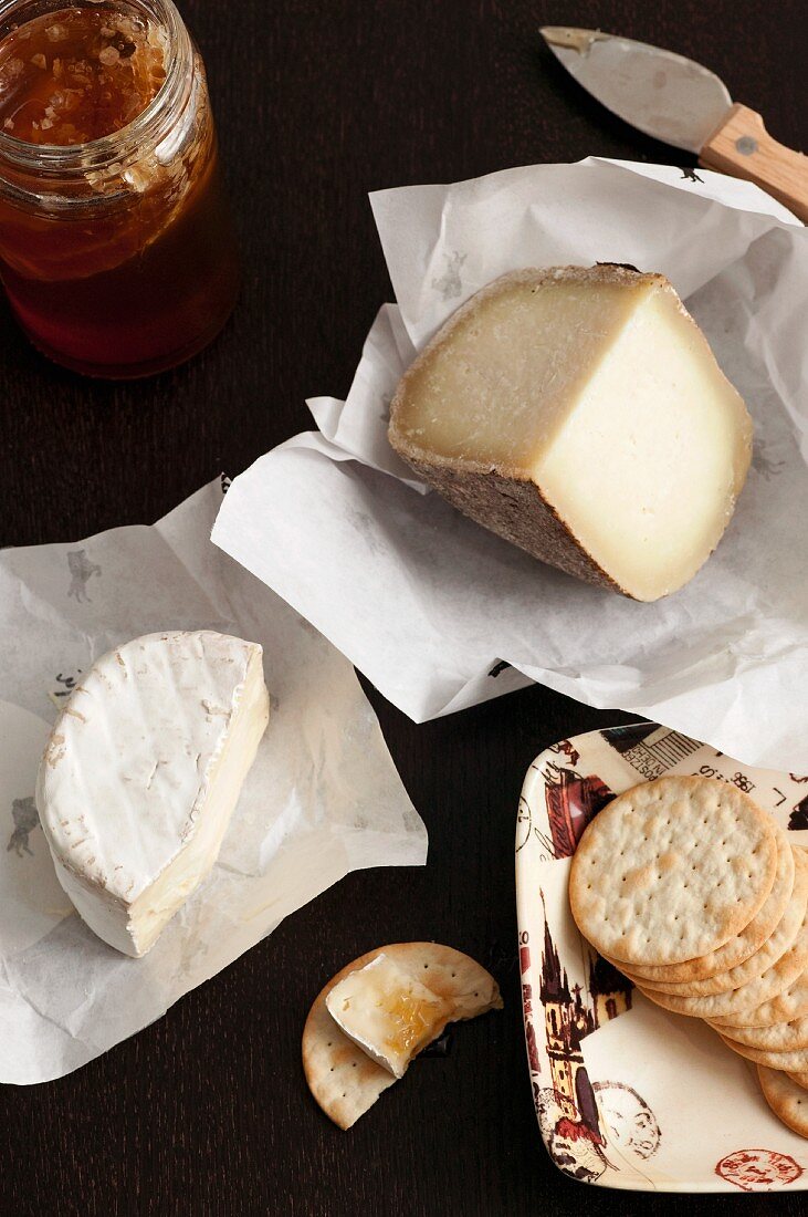 Various Cheese; Soft and Hard with Crackers and Honey; From Above