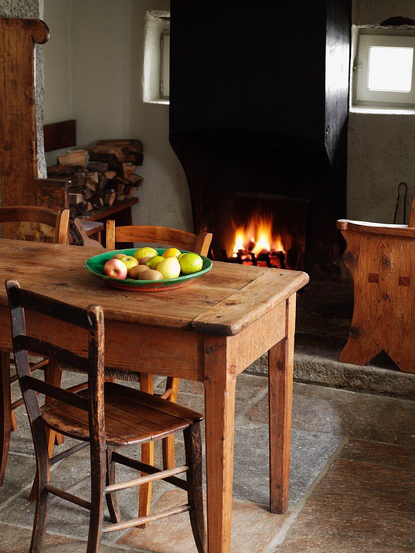 Rustic kitchen with fireplace