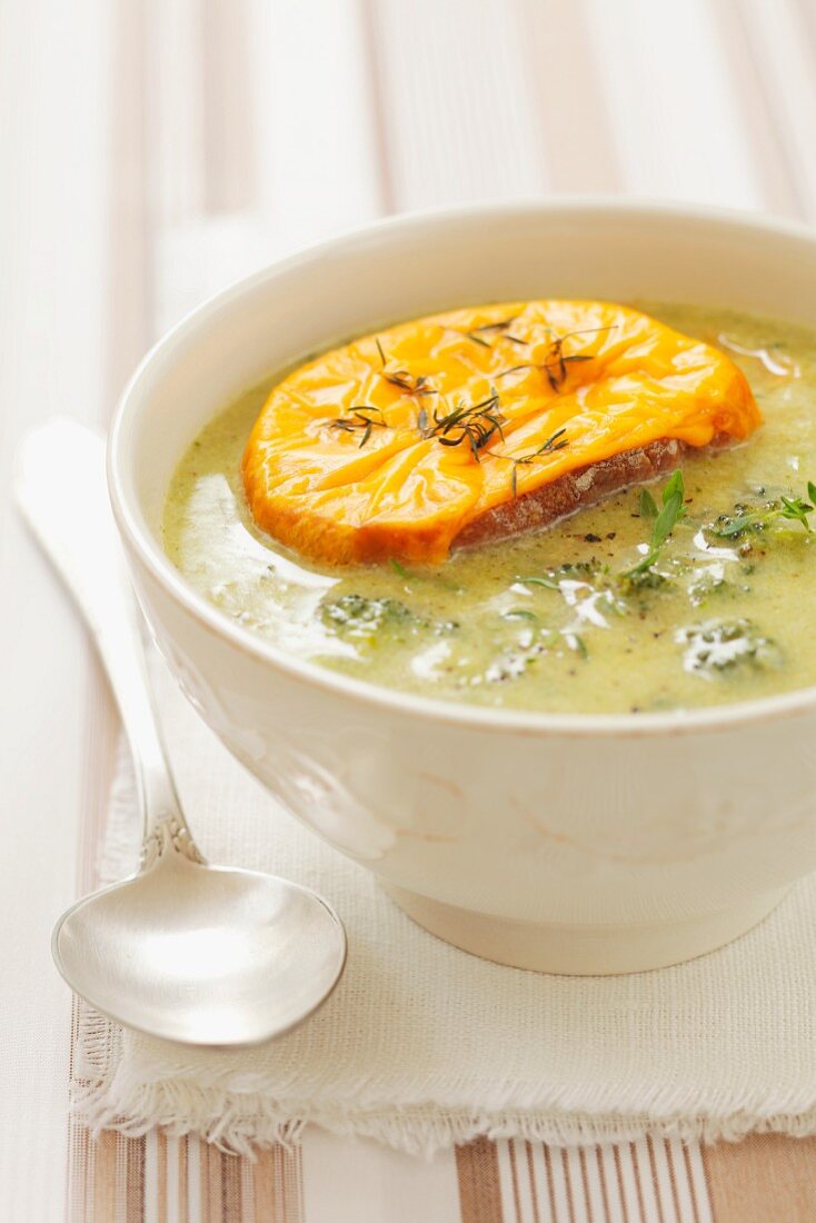 Broccoli soup with cheese crostini