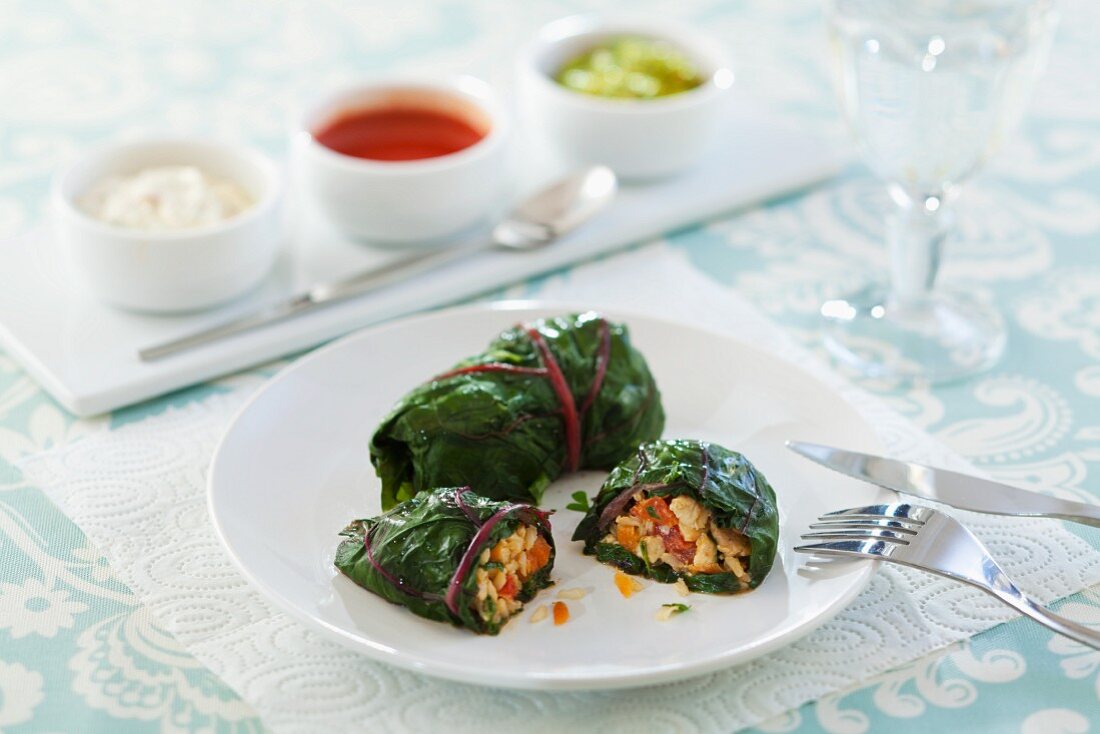 Chard sarma filled with turkey and dips