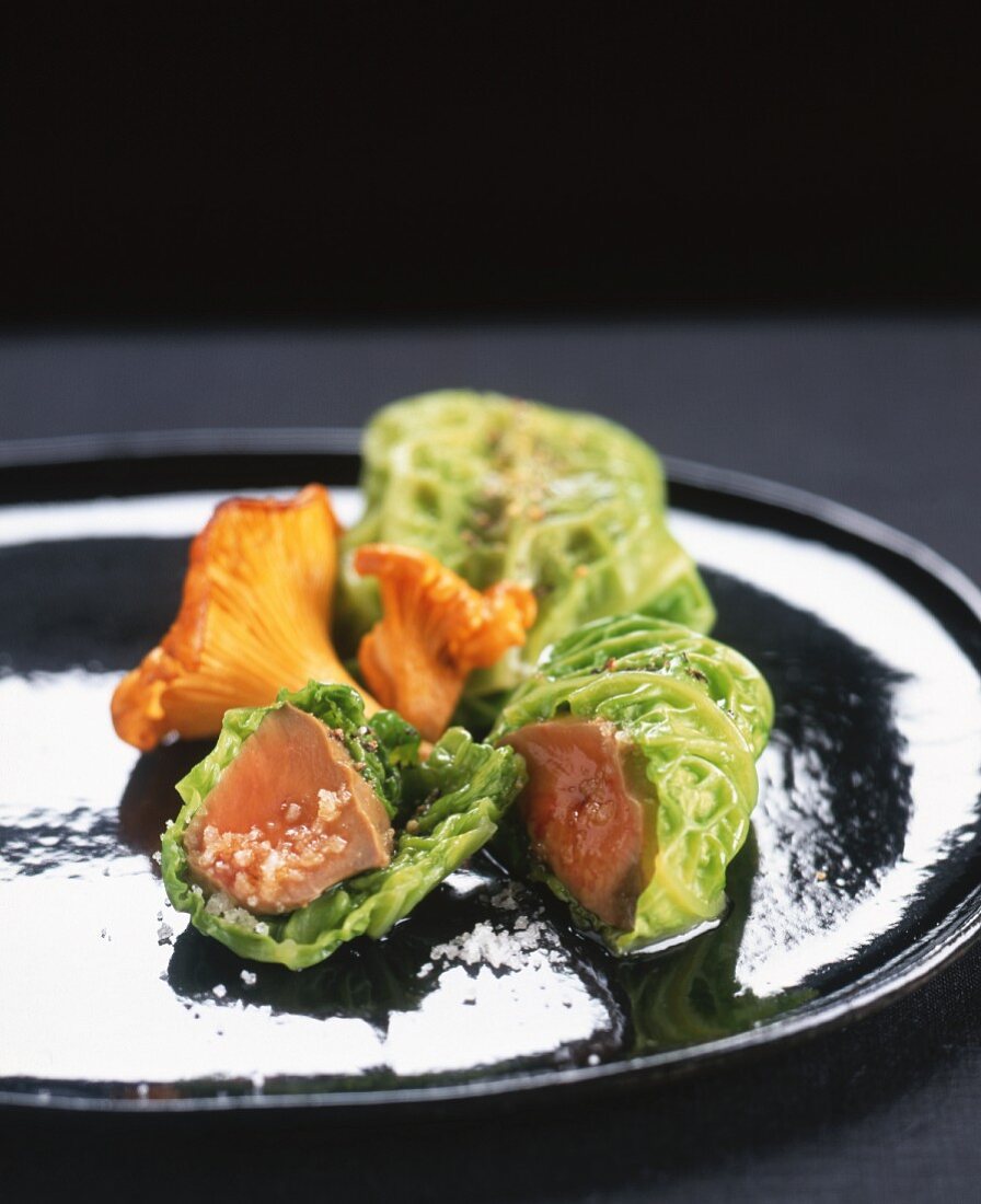 Foie gras in Savoy cabbage leaves with chanterelles