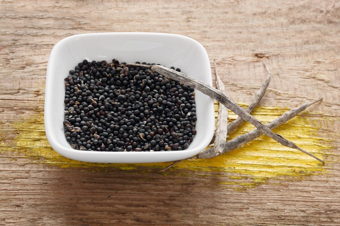 A bowl of rape seeds and pods