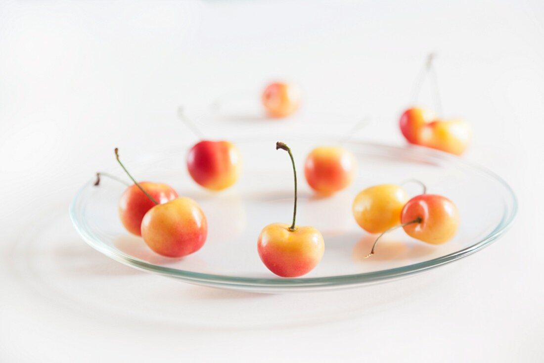 Rainier Cherries on a Glass Plate; White Background