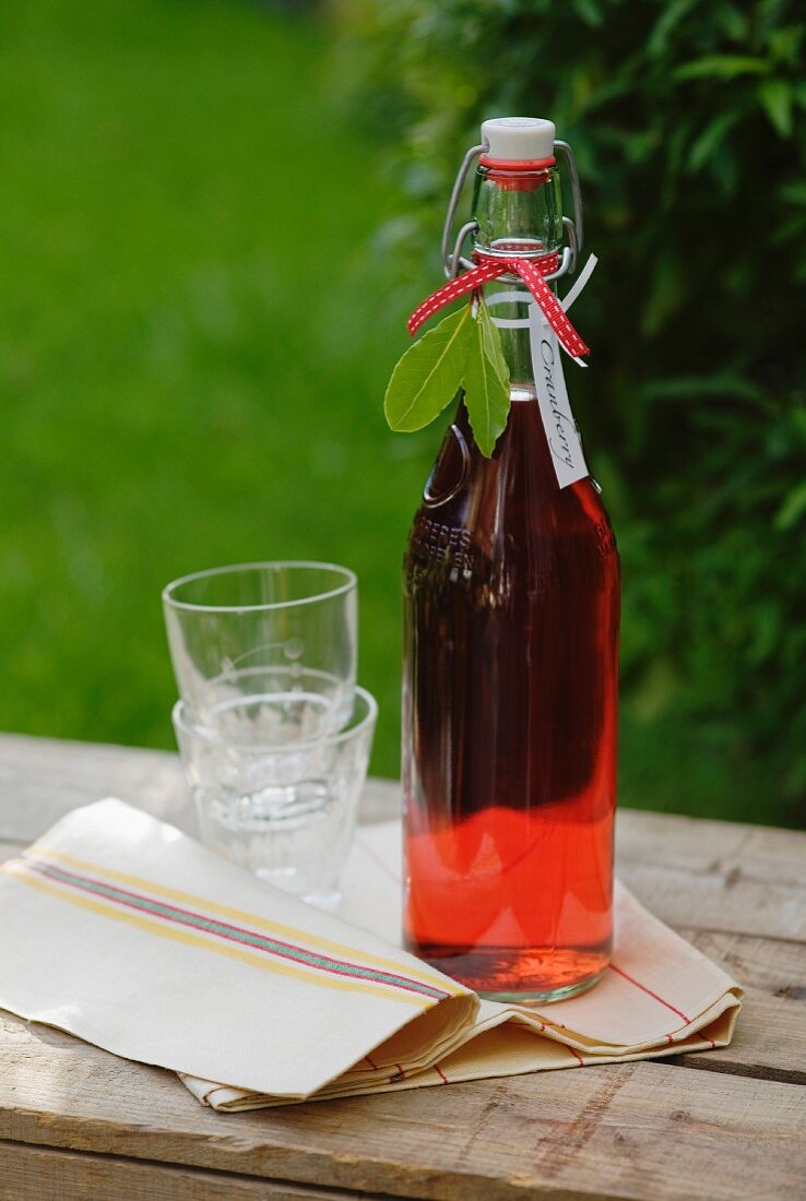 Bottle of home-made cranberry juice on wooden table