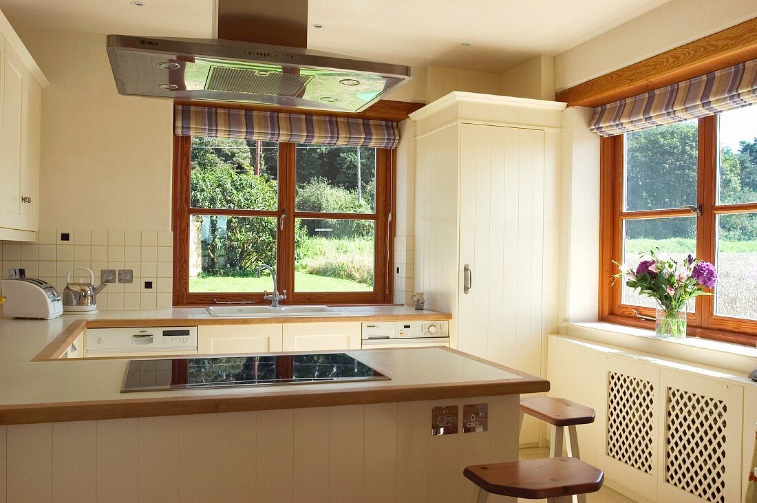 Views of trees through windows in modern country-style kitchen - mix of white-painted and natural wood