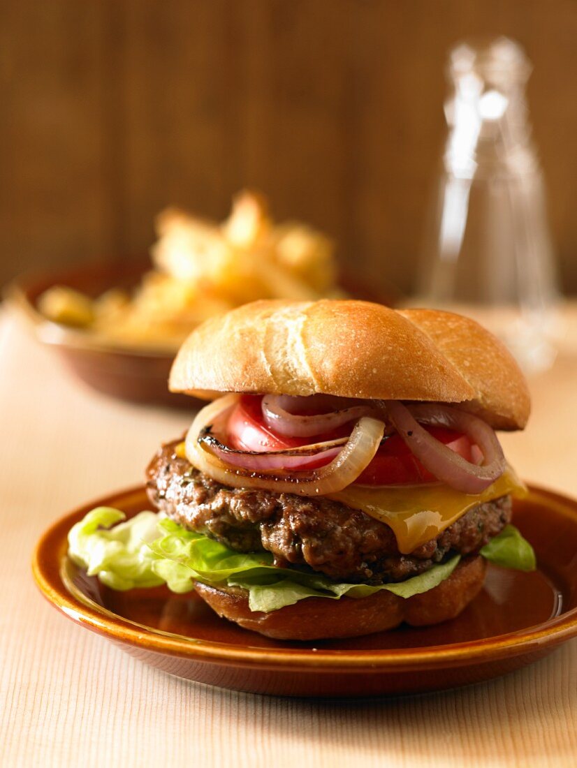 Cheeseburger with Onions, Tomato and Lettuce