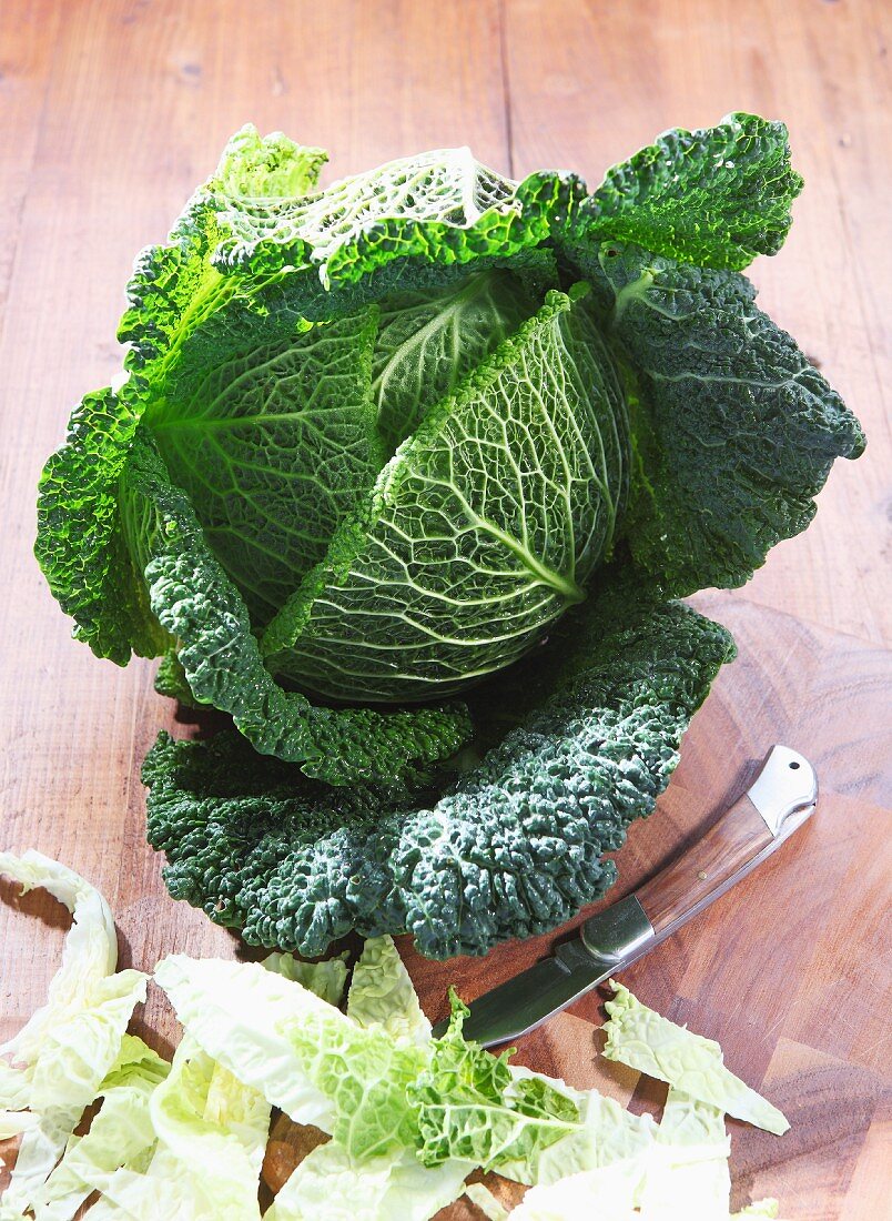 Savoy cabbage, partially sliced