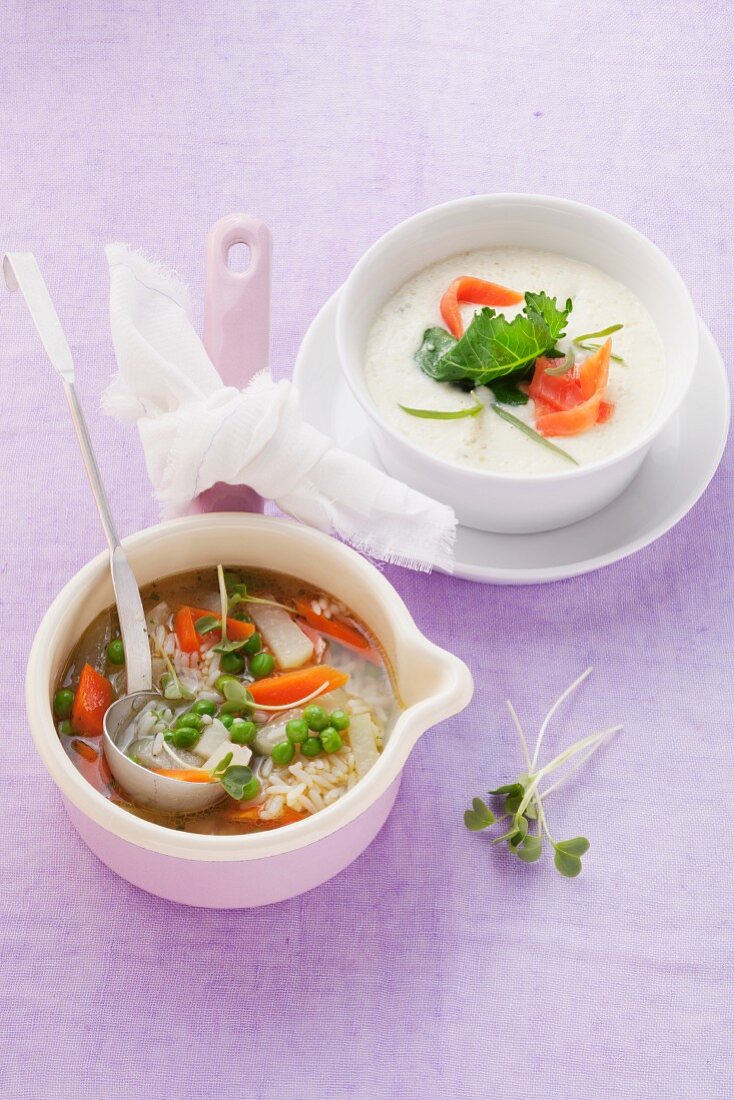 Cream of kohlrabi soup with smoked salmon and vegetable soup with rice