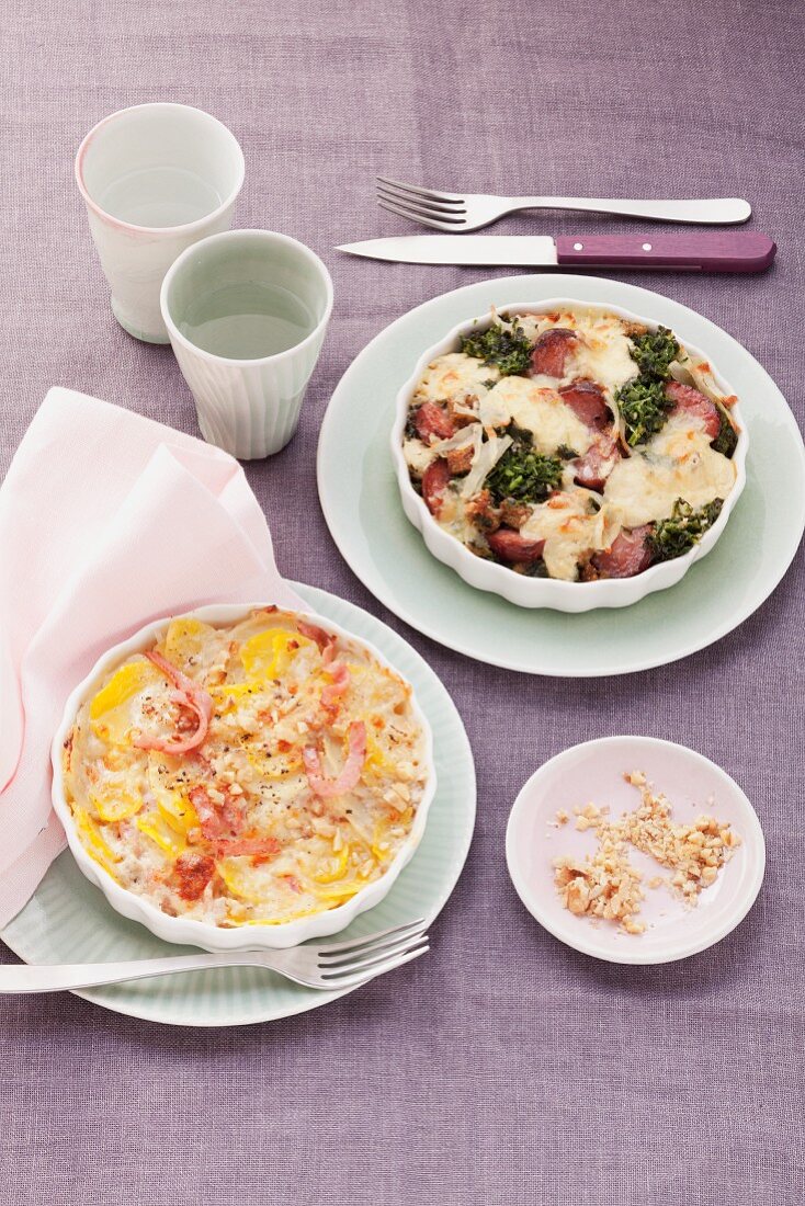 Potato gratin with kale and sausage and potato gratin with turnips and ham