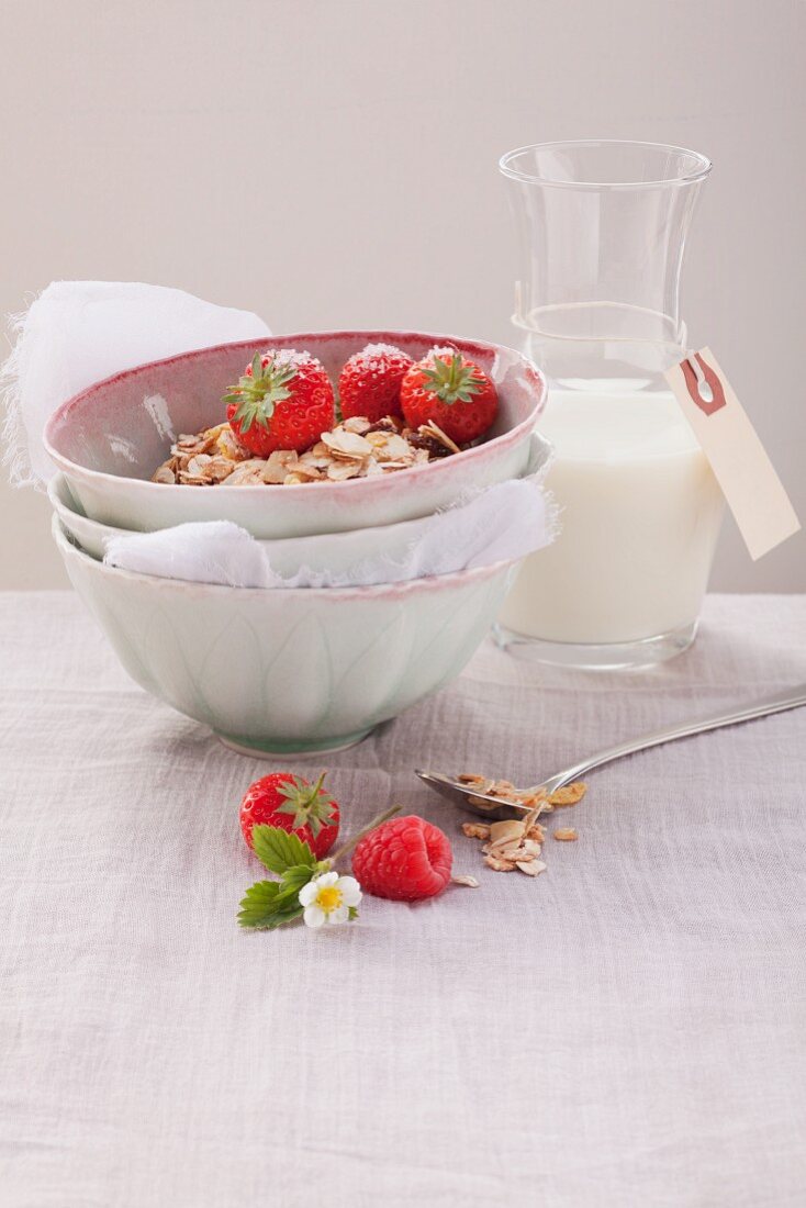 Müsli mit frischen Erdbeeren und Milch