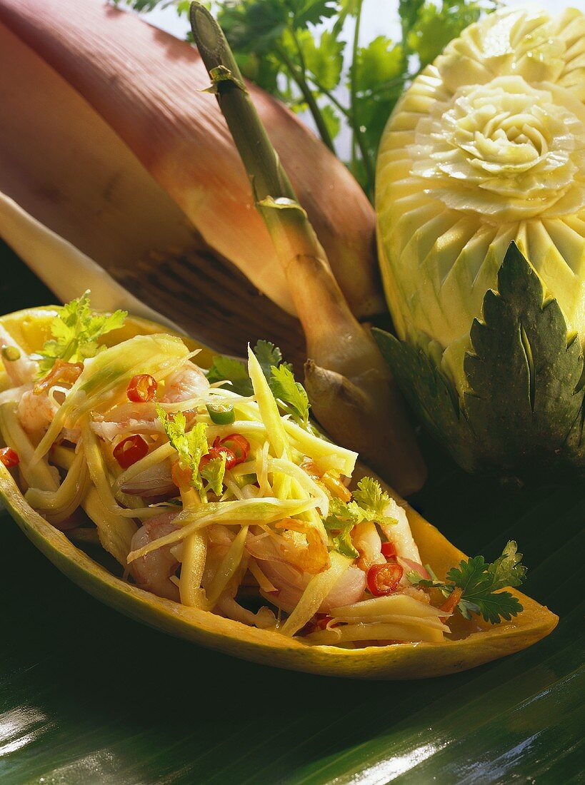 Norway Lobster Salad in a Melon Bowl; Fruit Sculpture