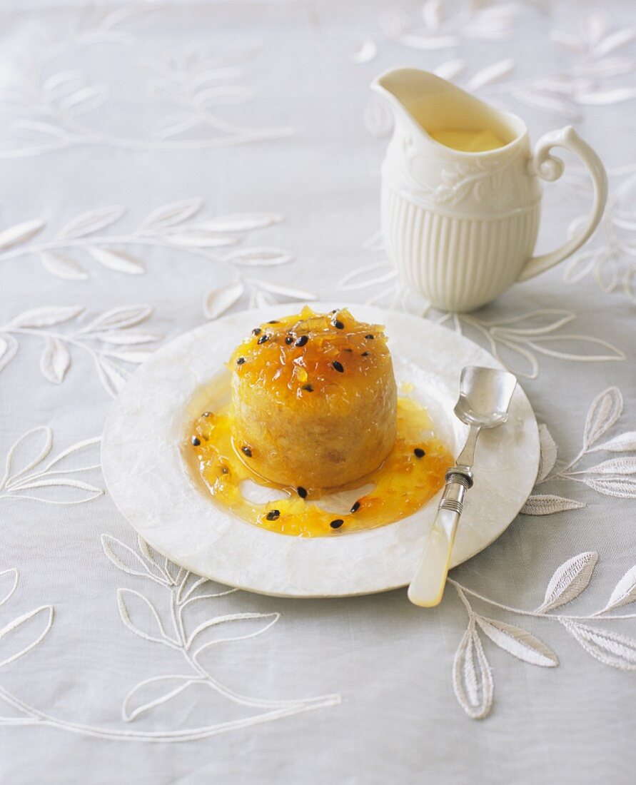 Baked ginger dessert with passionfruit sauce