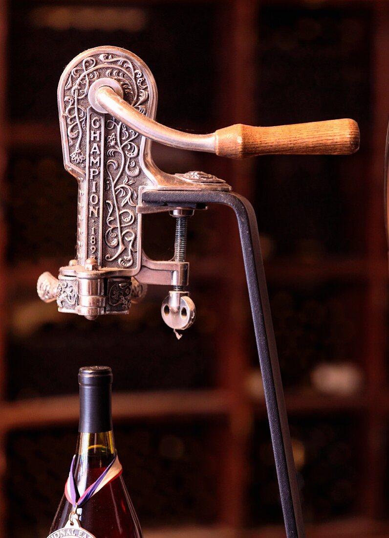 Corkscrew in museum wine cellar (Williamsburg Winery, Williamsburg, Virginia, USA)