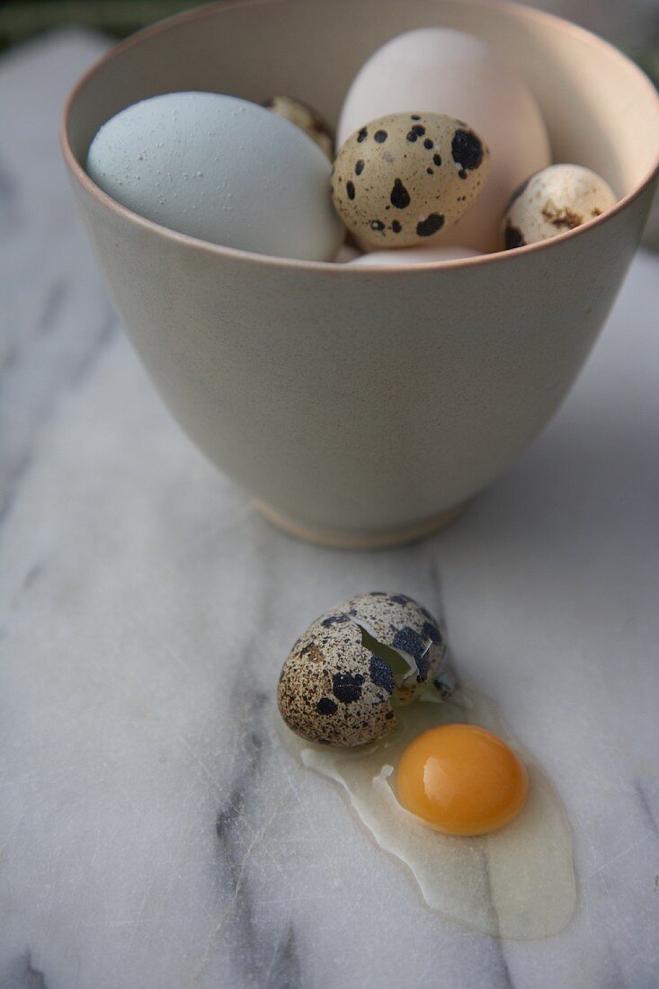 A broken quail egg next to a bowl with chicken and quail eggs
