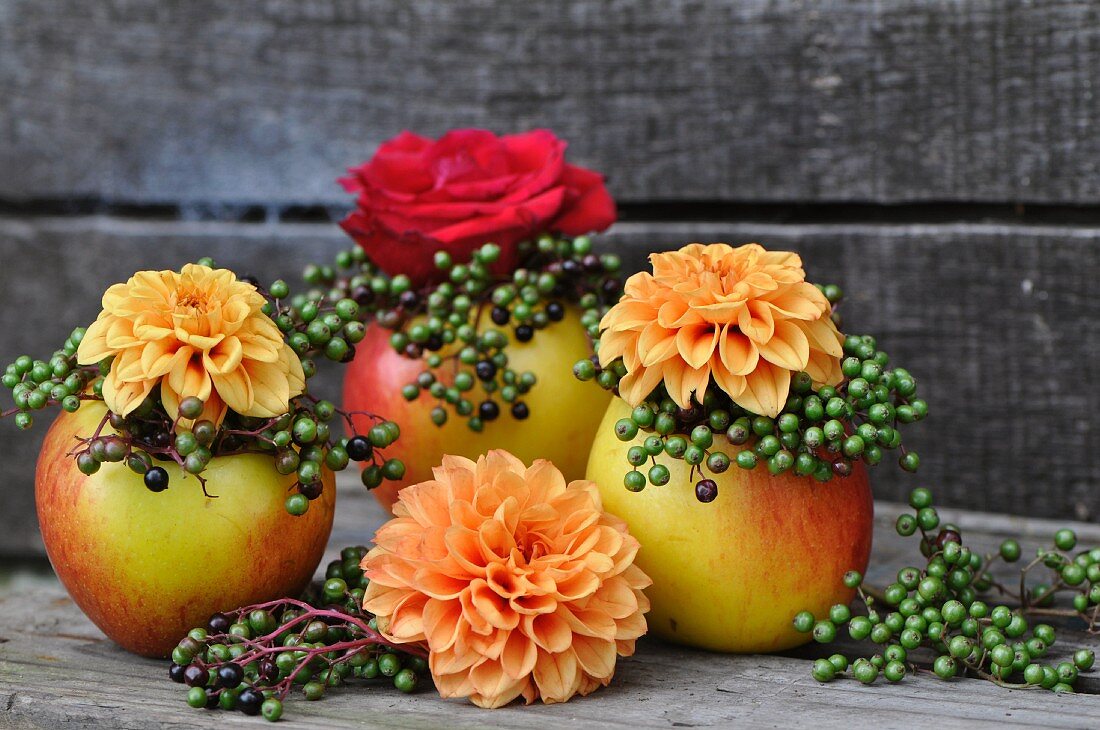 Autumnal arrangement with apples as vases decorated with flowers & berries