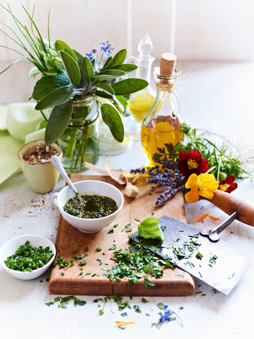 Fresh herbs, herb flowers and chopped herbs