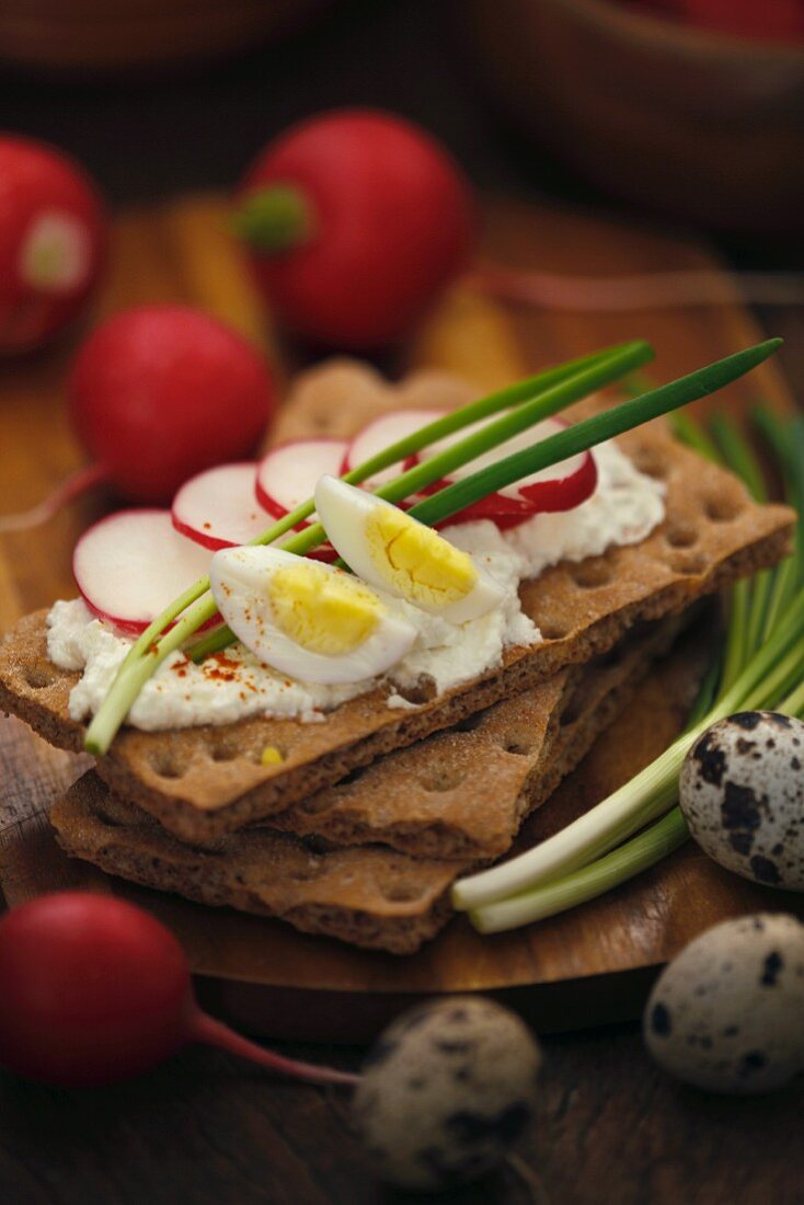 Knäckebrot mit Frischkäse, Radieschen und gekochtem Ei