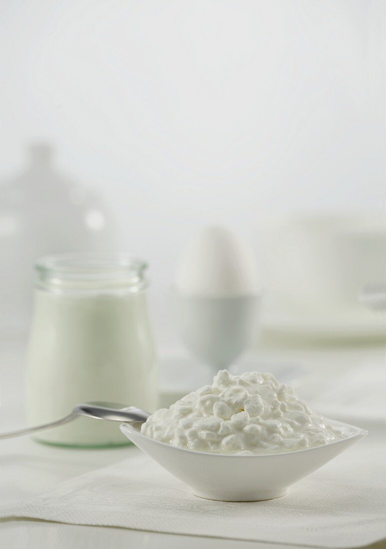 Cottage cheese, jar of yoghurt and a boiled egg