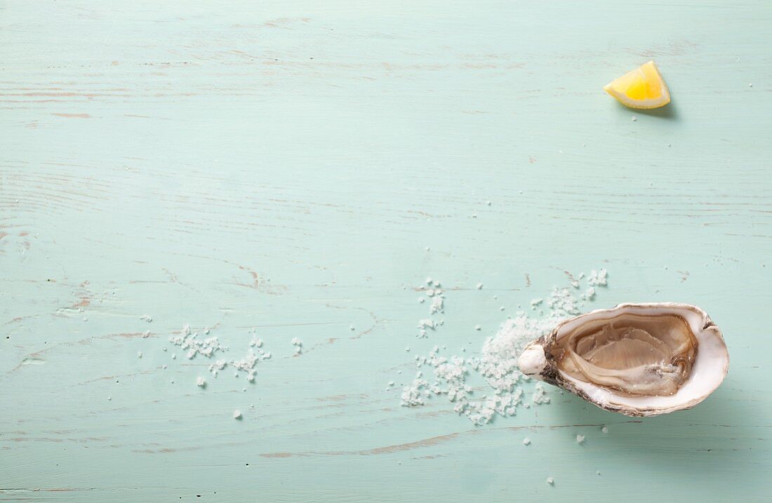 Oyster, sea salt and lemon wedge on wooden background