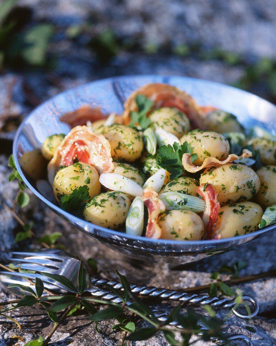 Kartoffelsalat mit Pancetta, Frühlingszwiebeln und Kräutern