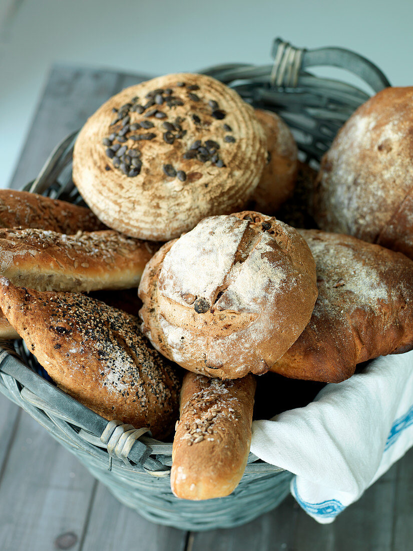 A basket of fresh bread rolls