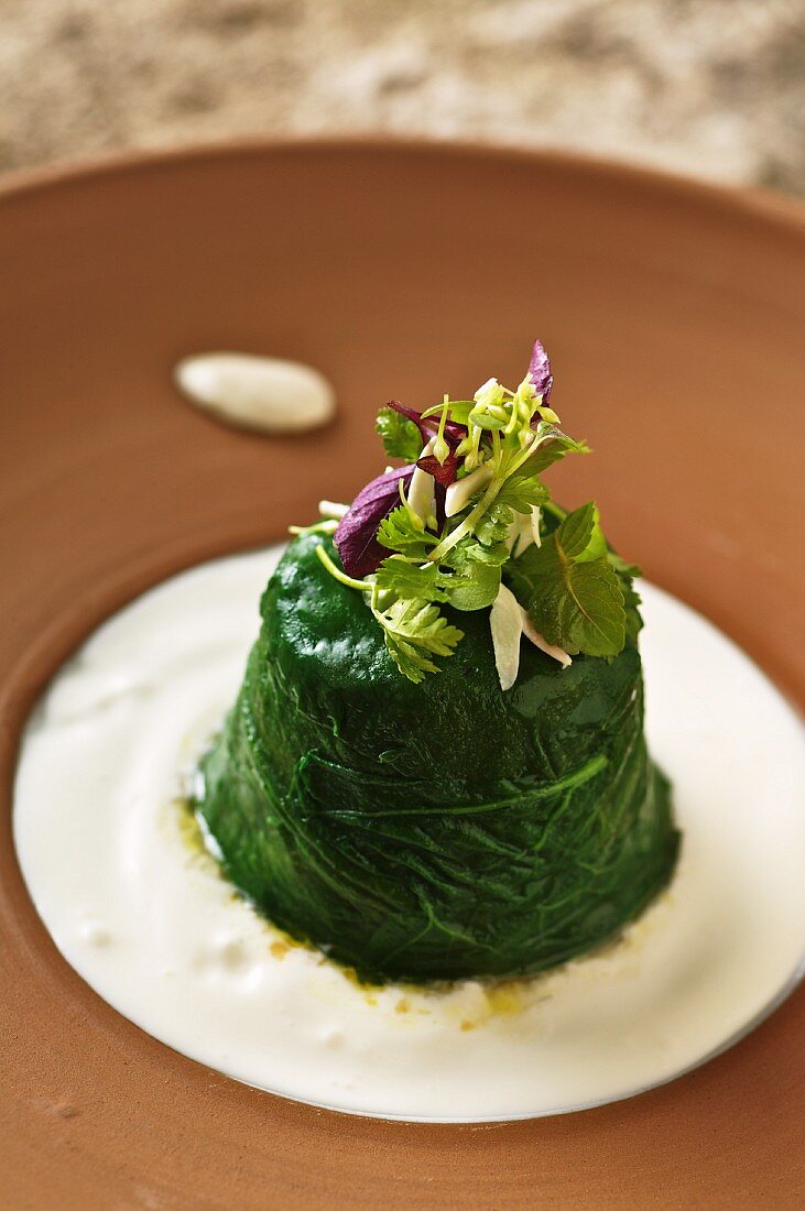 Fried vegetables in aspic with cream and wild herbs