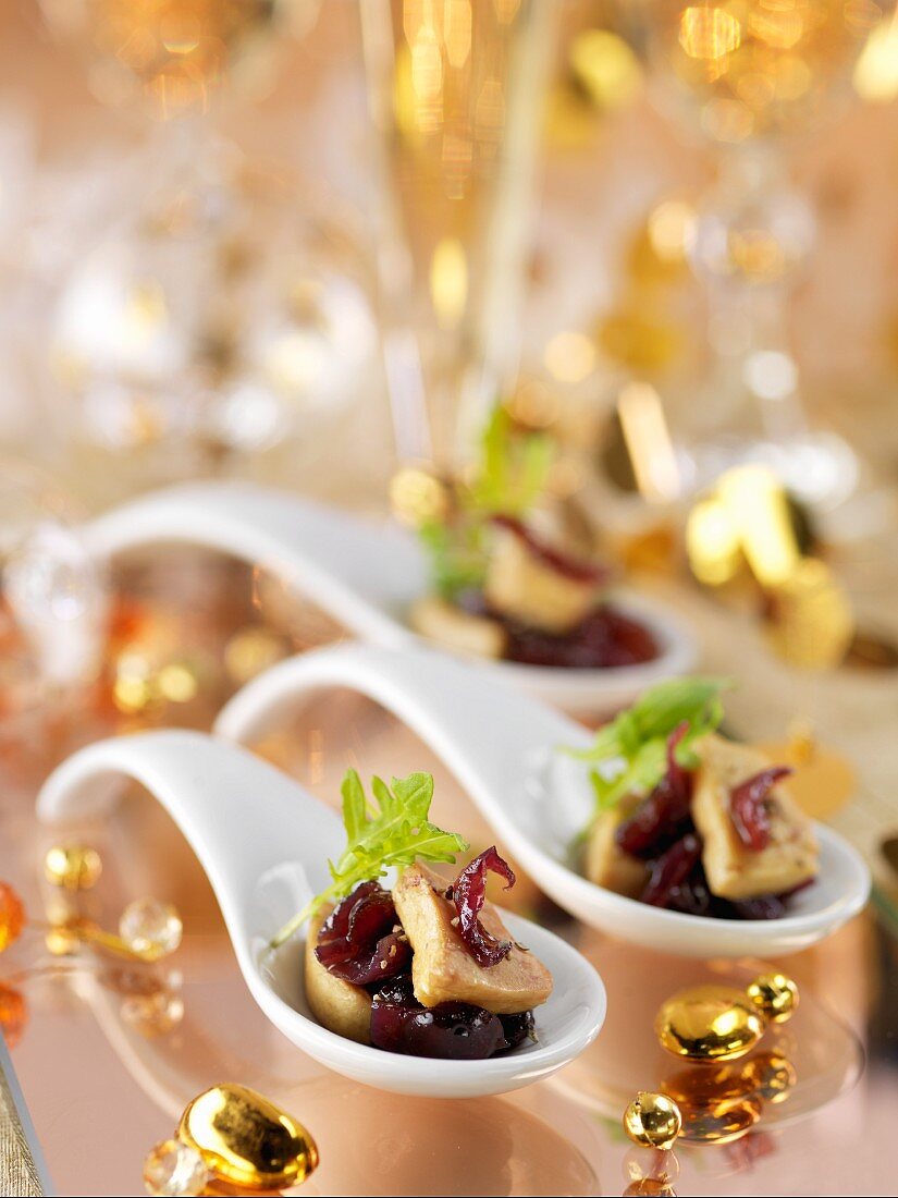 Foie gras with onion jam on a spoon