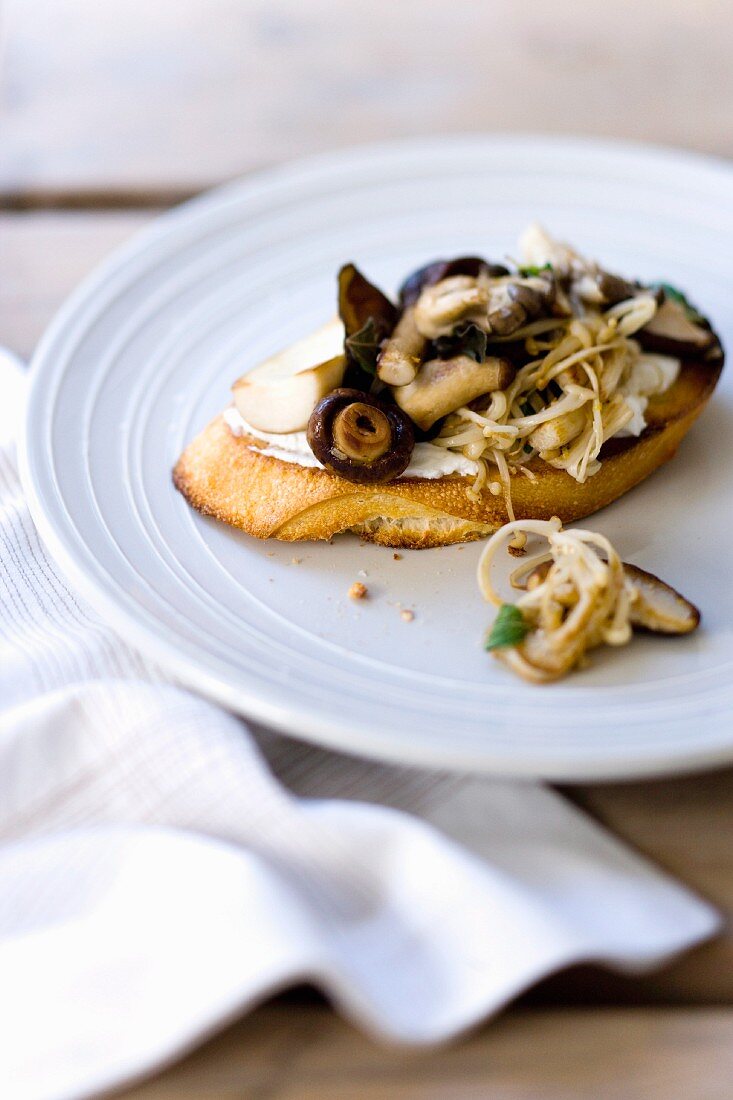 Bruschetta with forest mushrooms and fresh goat cheese