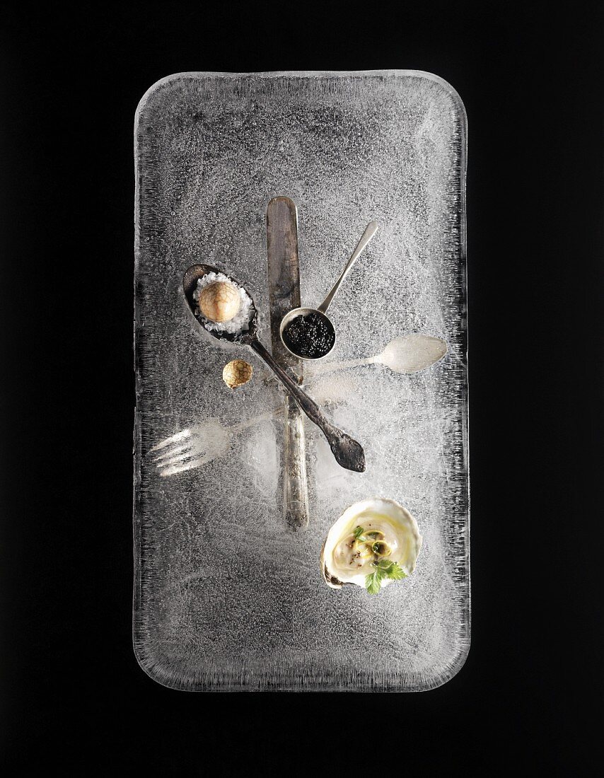 Oyster, cooked egg with salt, caviar and flatware on a block of ice