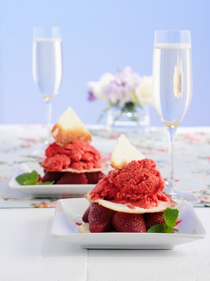 Iced strawberry compote with roast strawberries and coconut cookies