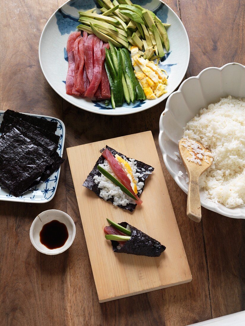 Temaki sushi with ingredients