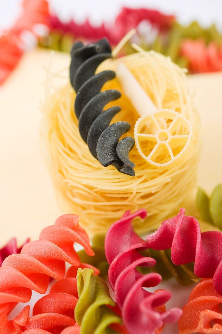 Colorful fusilli, rotelle and spaghetti (close up)