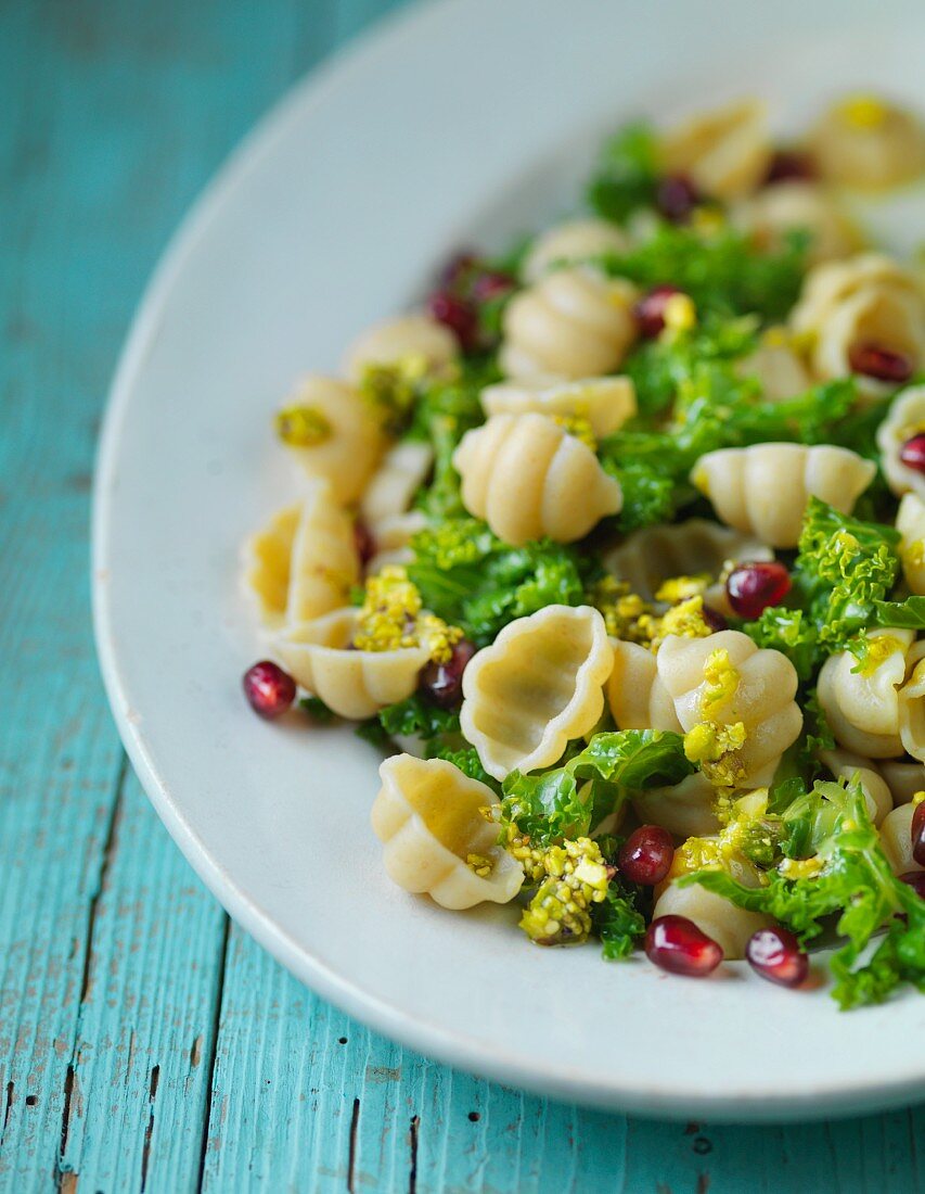 Pasta with rapini cabbage, pomegranate seeds and pistachio nut sauce