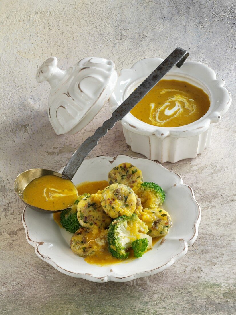 Polpette mit Brokkoligemüse und Currysauce