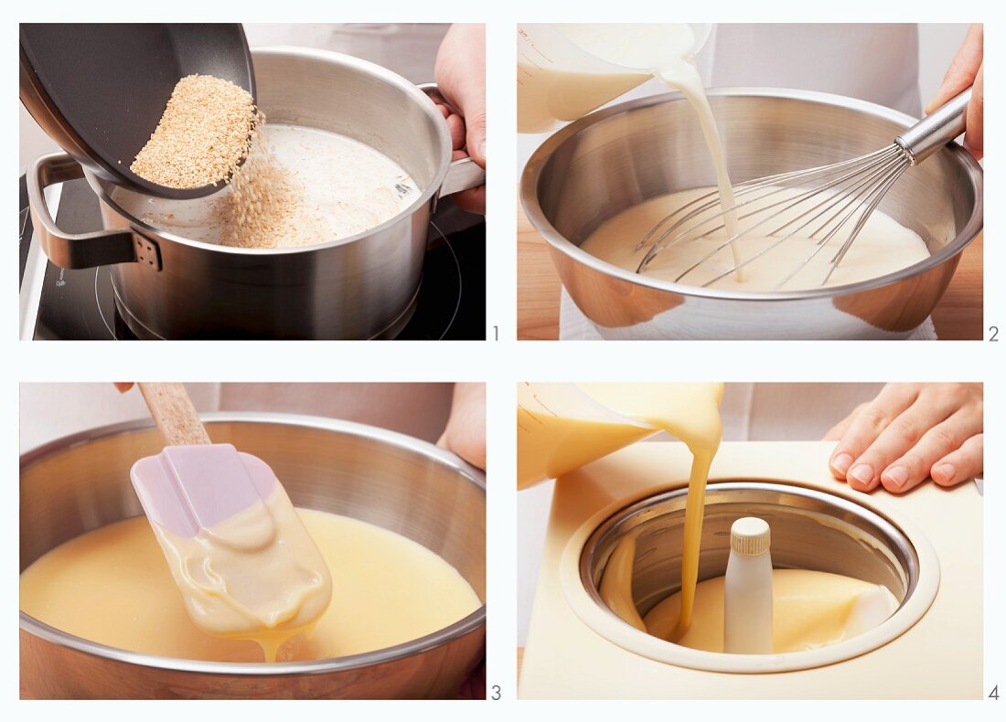 Preparing vanilla and sesame ice cream with ginger