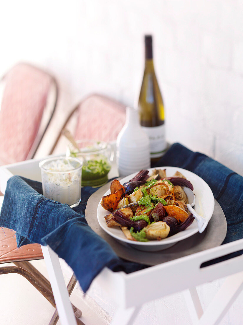 Roast vegetables with horseradish cream and rocket pesto