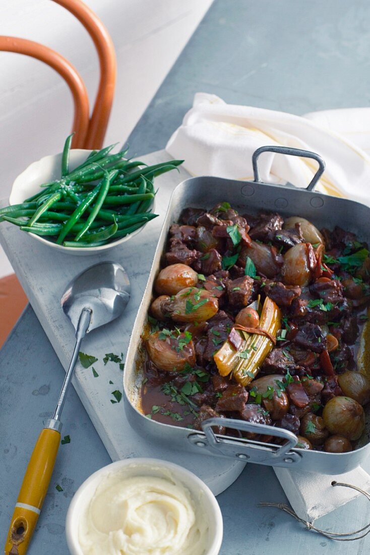 Beef bourguignon in the tin with green beans