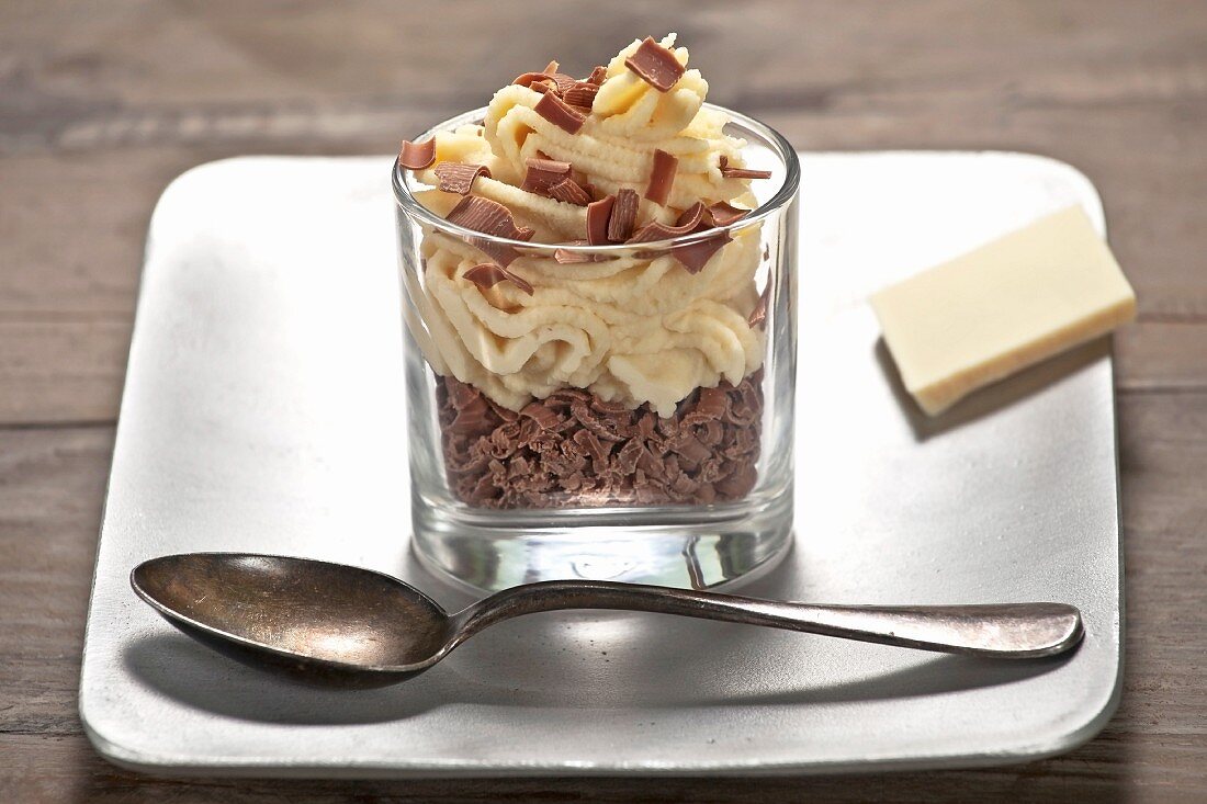 White chocolate mousse on grated chocolate