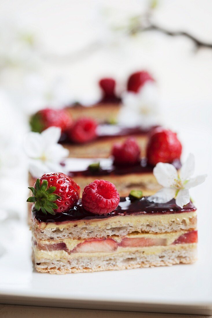 Raspberry and strawberry slice with cherry blossoms