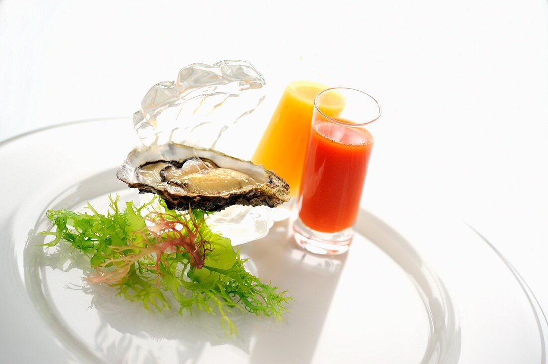 Raw oyster with mango-chilli and tomato-liquorice shooters