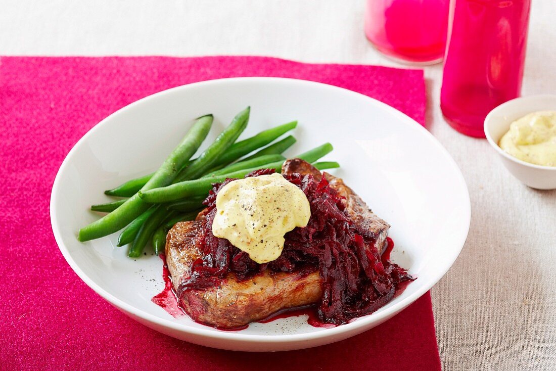 Beef steak with sauteed red -beets and Dijon mustard dip