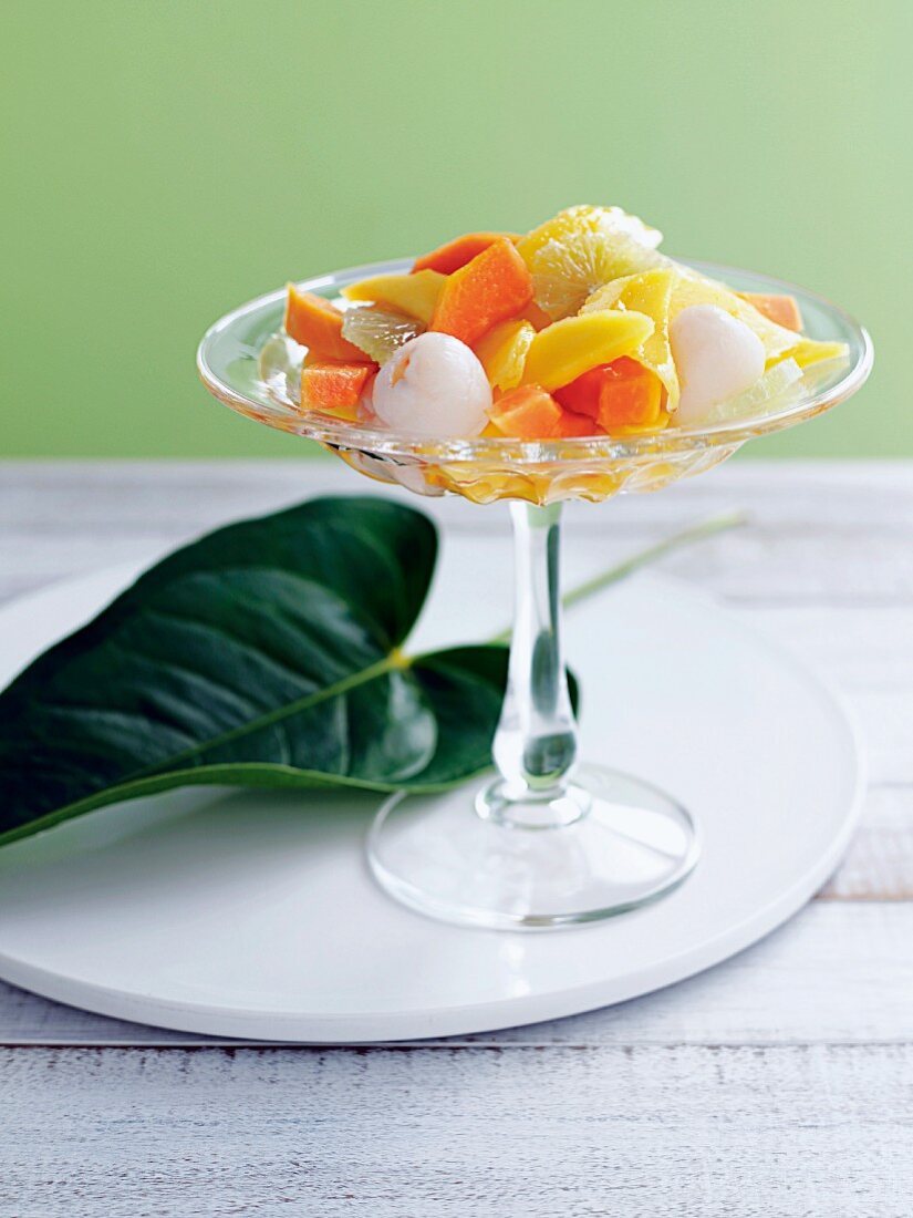 Exotic fruit salad with lime syrup