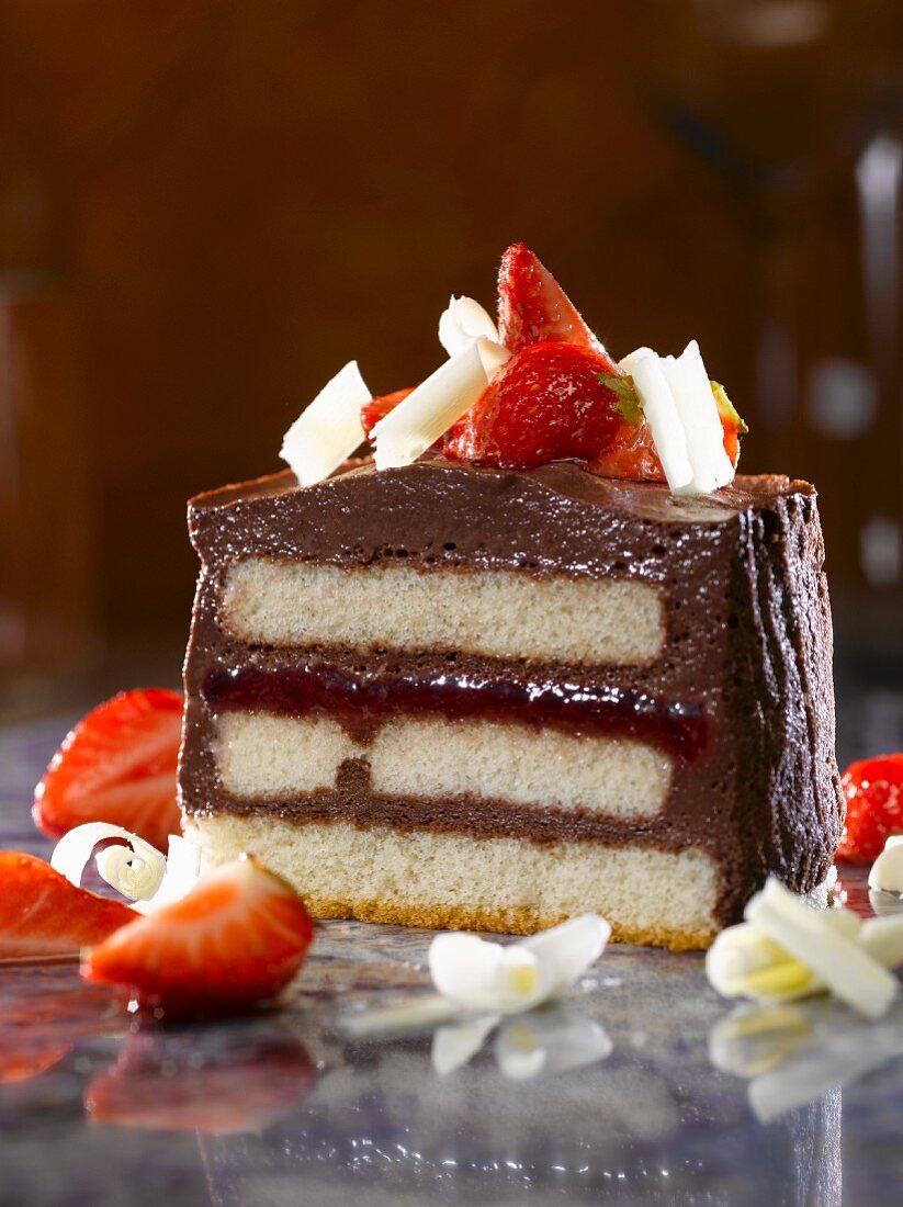 Strawberry and chocolate dessert with sponge cake